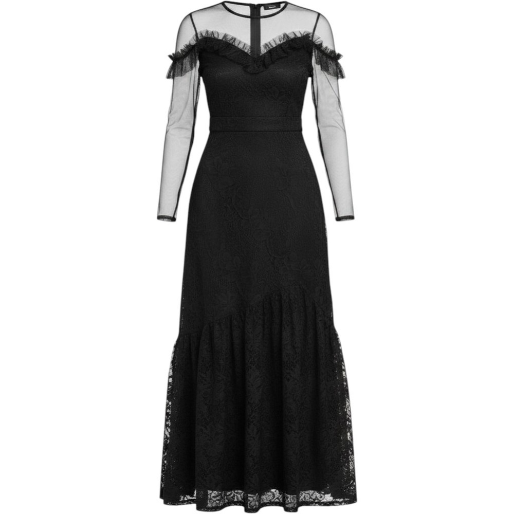 Liquorish Black Lace Sheer Mesh Ruffle Maxi Dress‎ US 4 UK 8